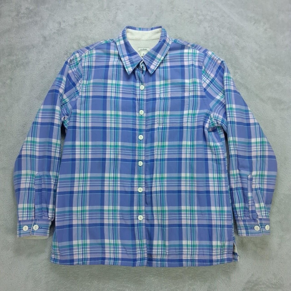 LL Bean Womens Blue Plaid Fleece Lined Flannel Shirt Size M 285013 Preppy